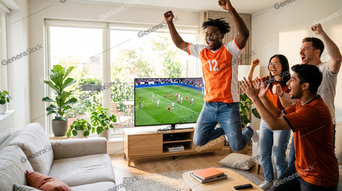 Enthusiastic multi-ethnic friends cheering and jumping with joy while watching a soccer game on a large TV screen in a bright, modern living room