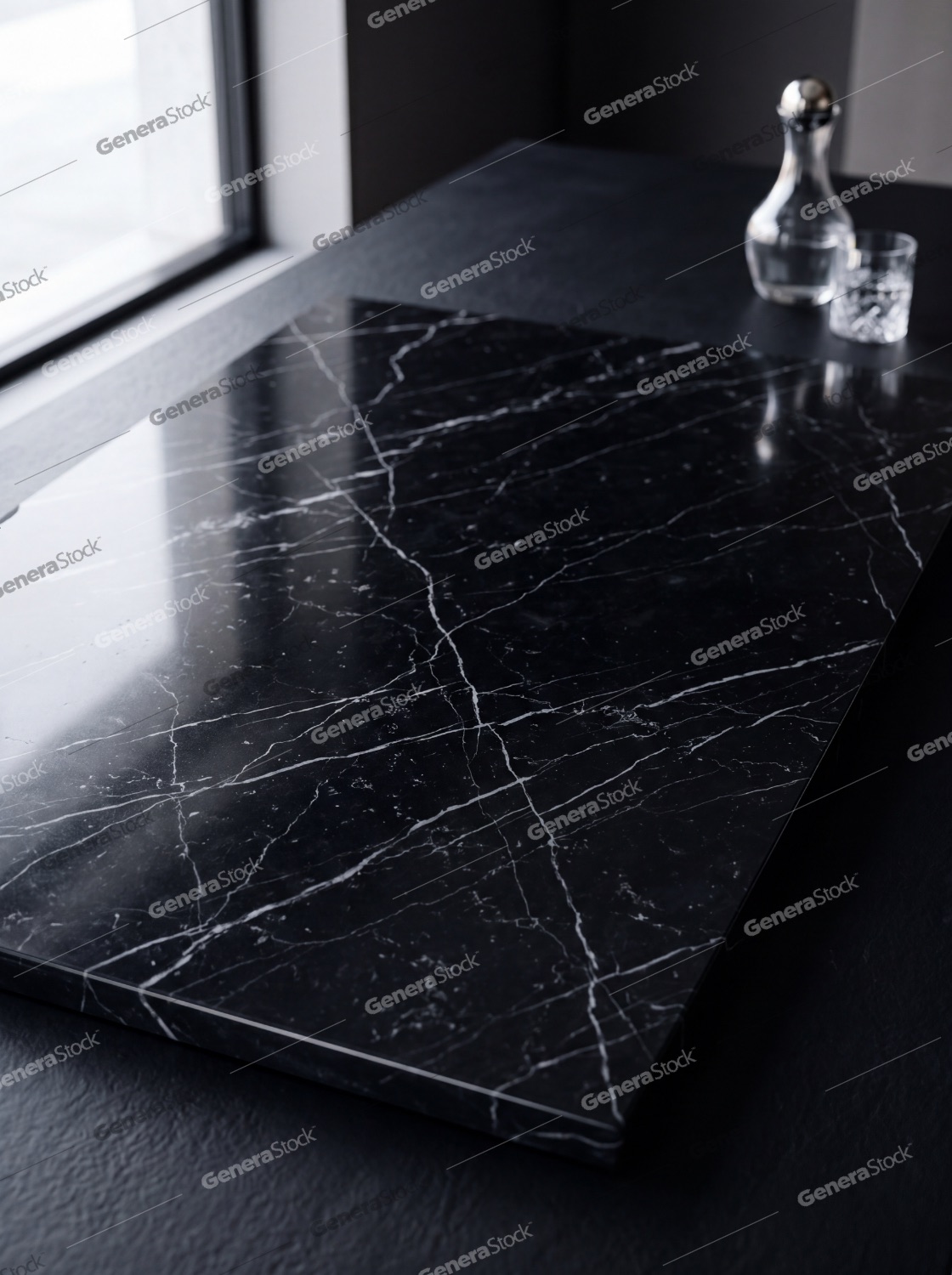 Elegant black marble slab with white veins on a dark countertop in a minimalist interior setting