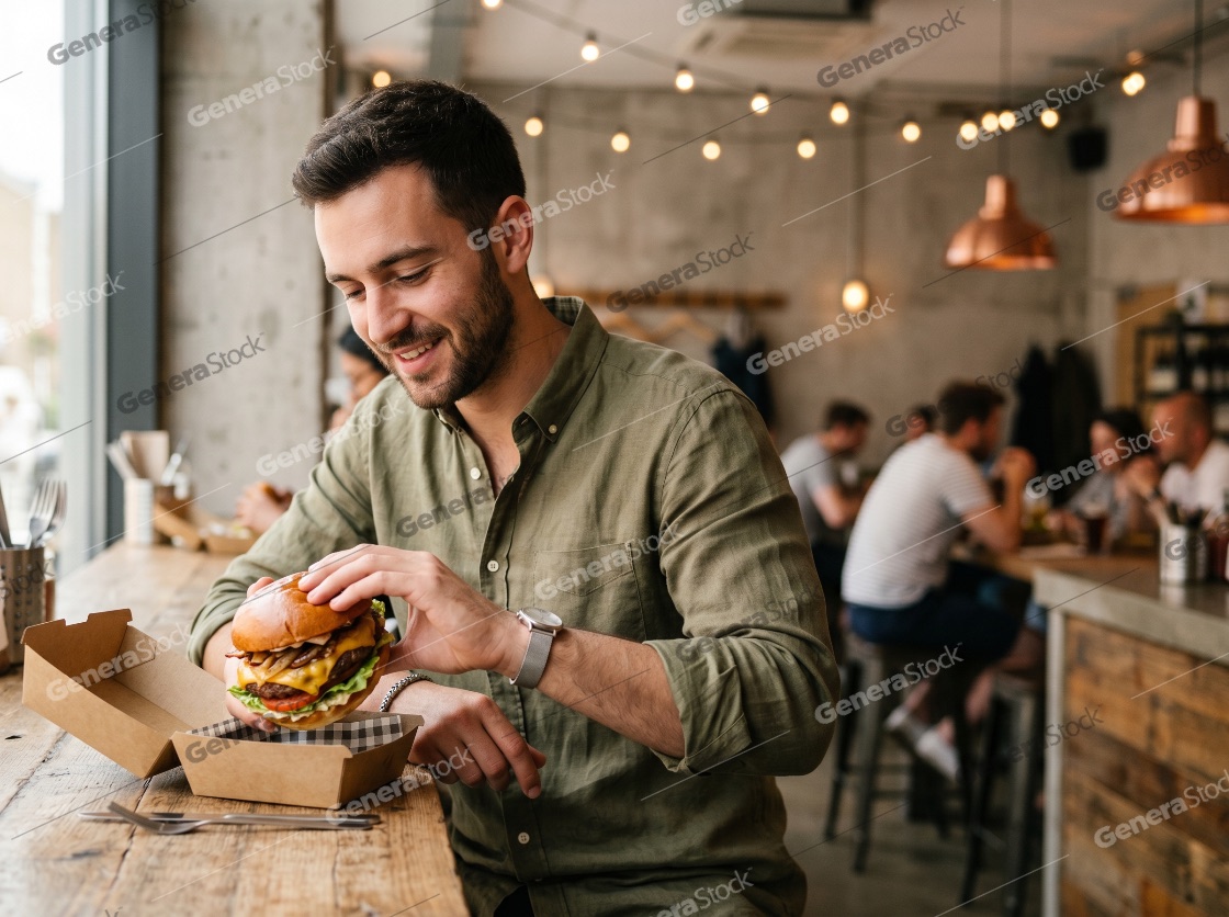 Smiling young man enjoying a large gourmet cheeseburger at a wooden table in a trendy urban restaurant