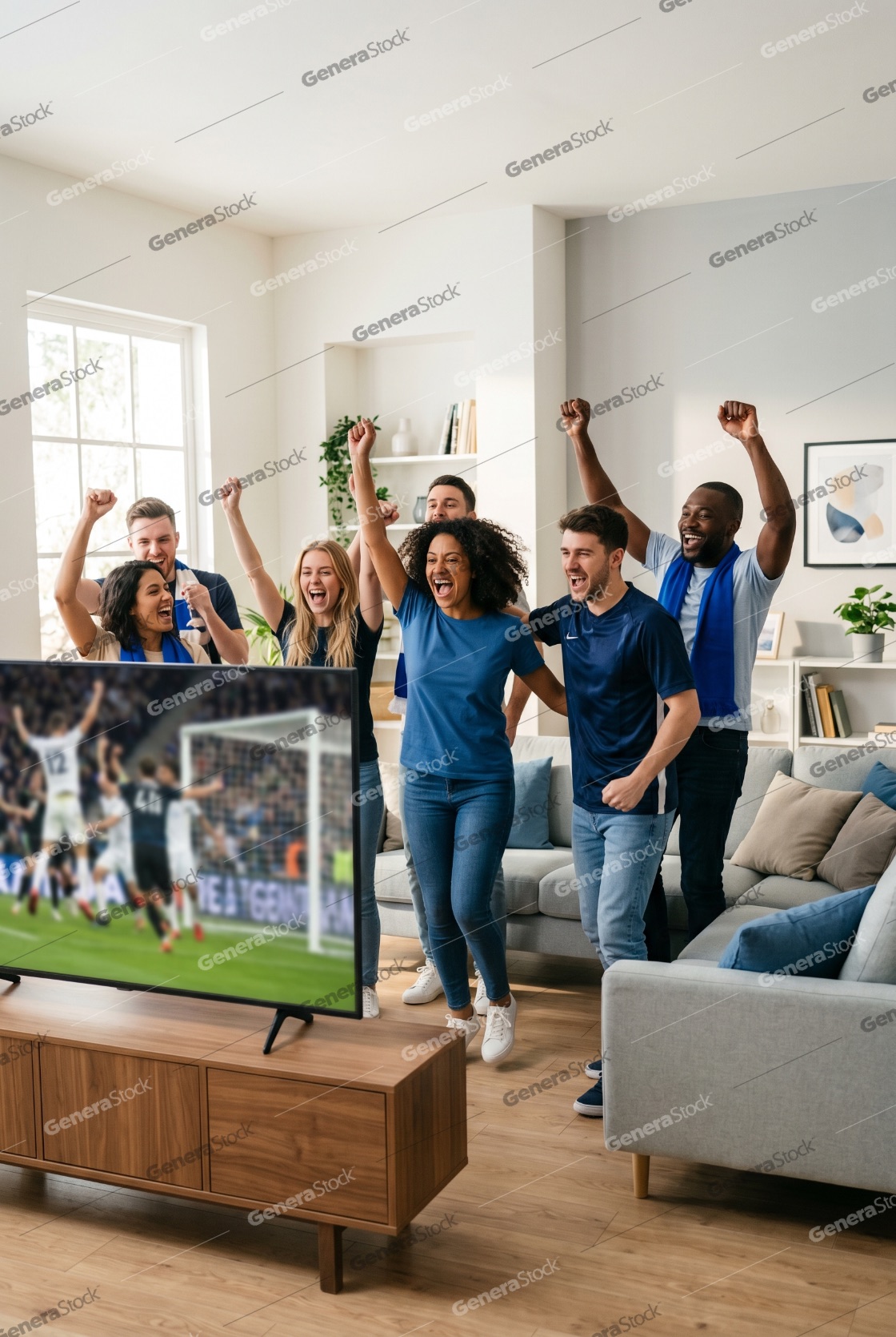 Diverse Group of Excited Friends Celebrating a Goal While Watching a Soccer Match on Television in a Modern Living Room