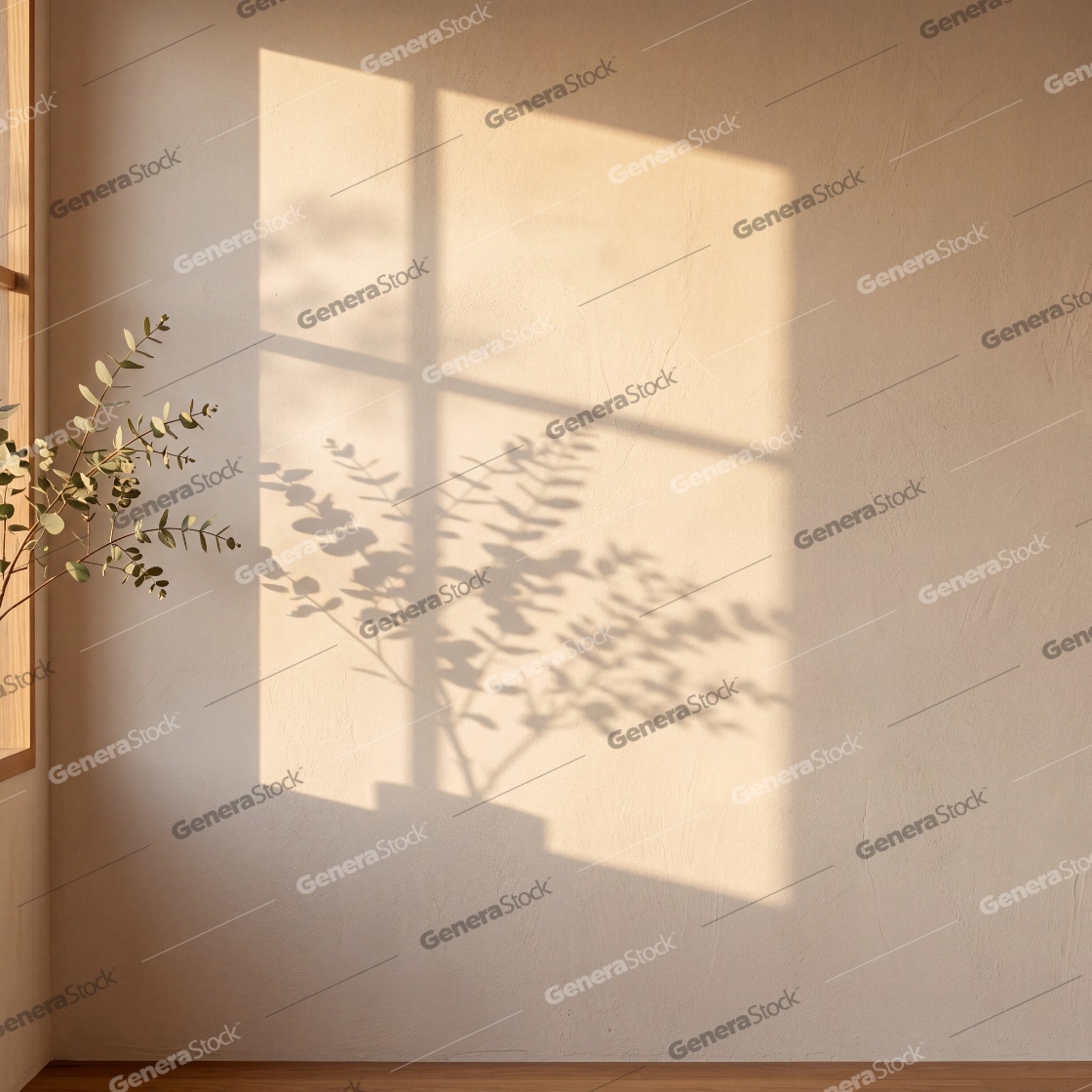 Warm golden sunlight and shadows of a window frame and eucalyptus leaves on a minimalist beige textured wall