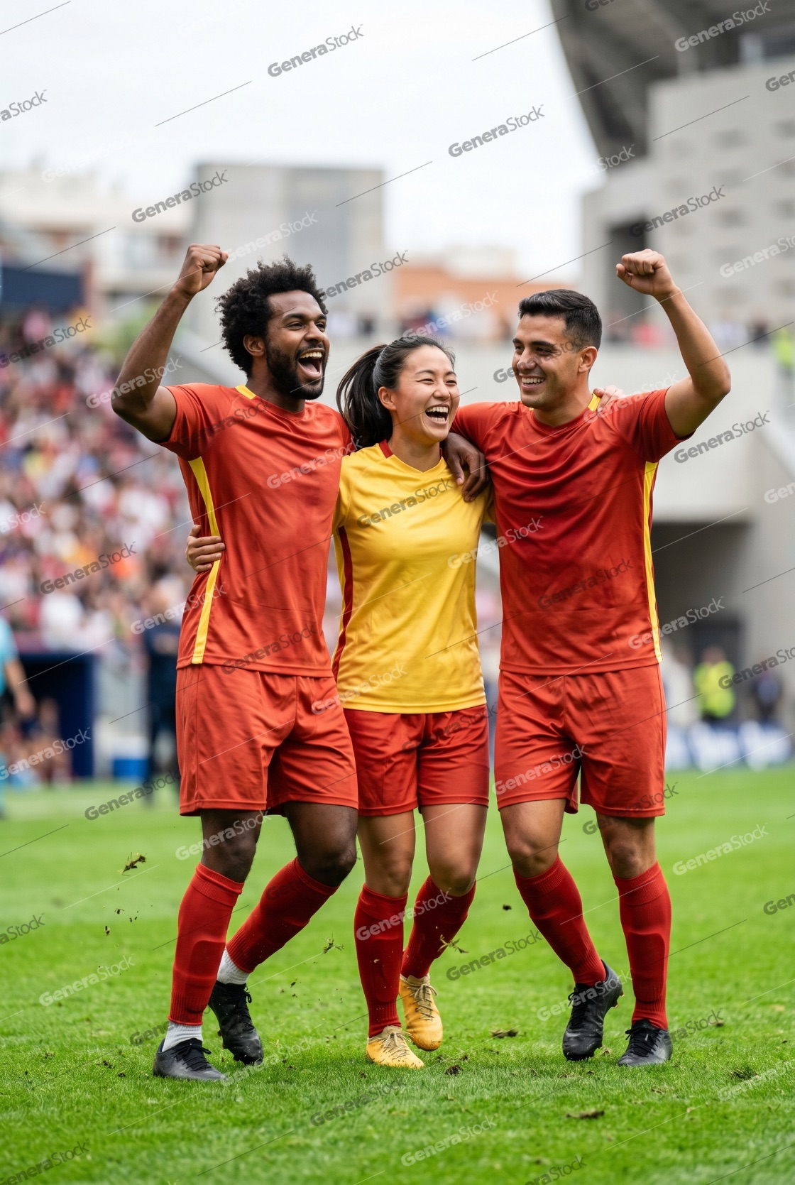 Diverse Group of Professional Soccer Players Celebrating a Victory on the Field During a Match