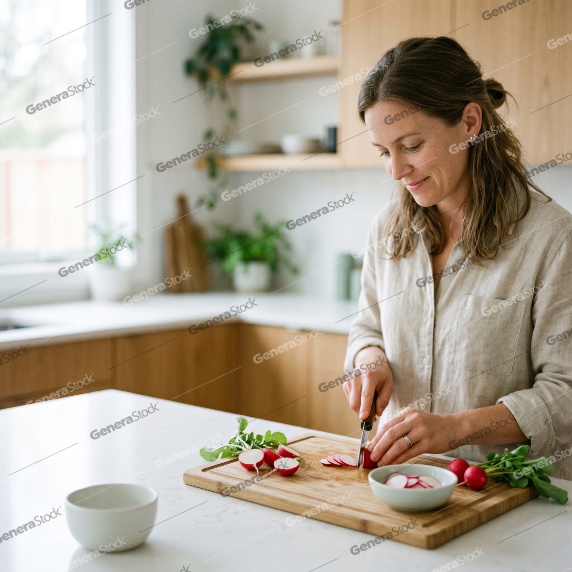 Smiling woman slicing fresh red radishes on a wooden cutting board in a bright modern kitchen