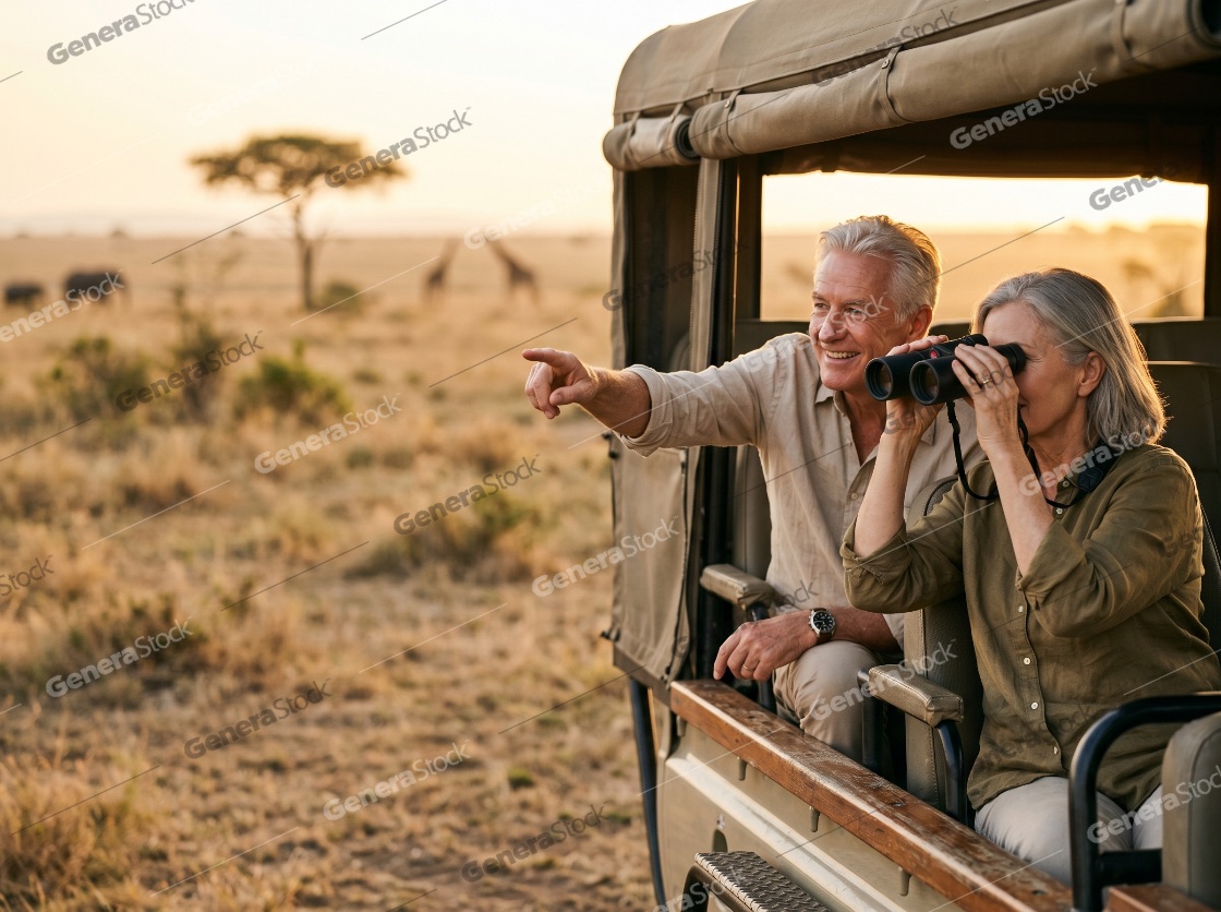 Happy senior couple enjoying an African safari adventure at sunset, observing wildlife from an open vehicle