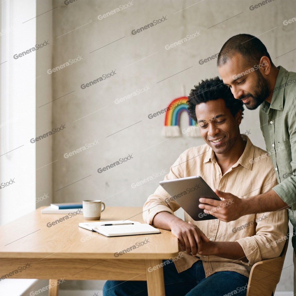 Happy diverse gay couple looking at a digital tablet together at home