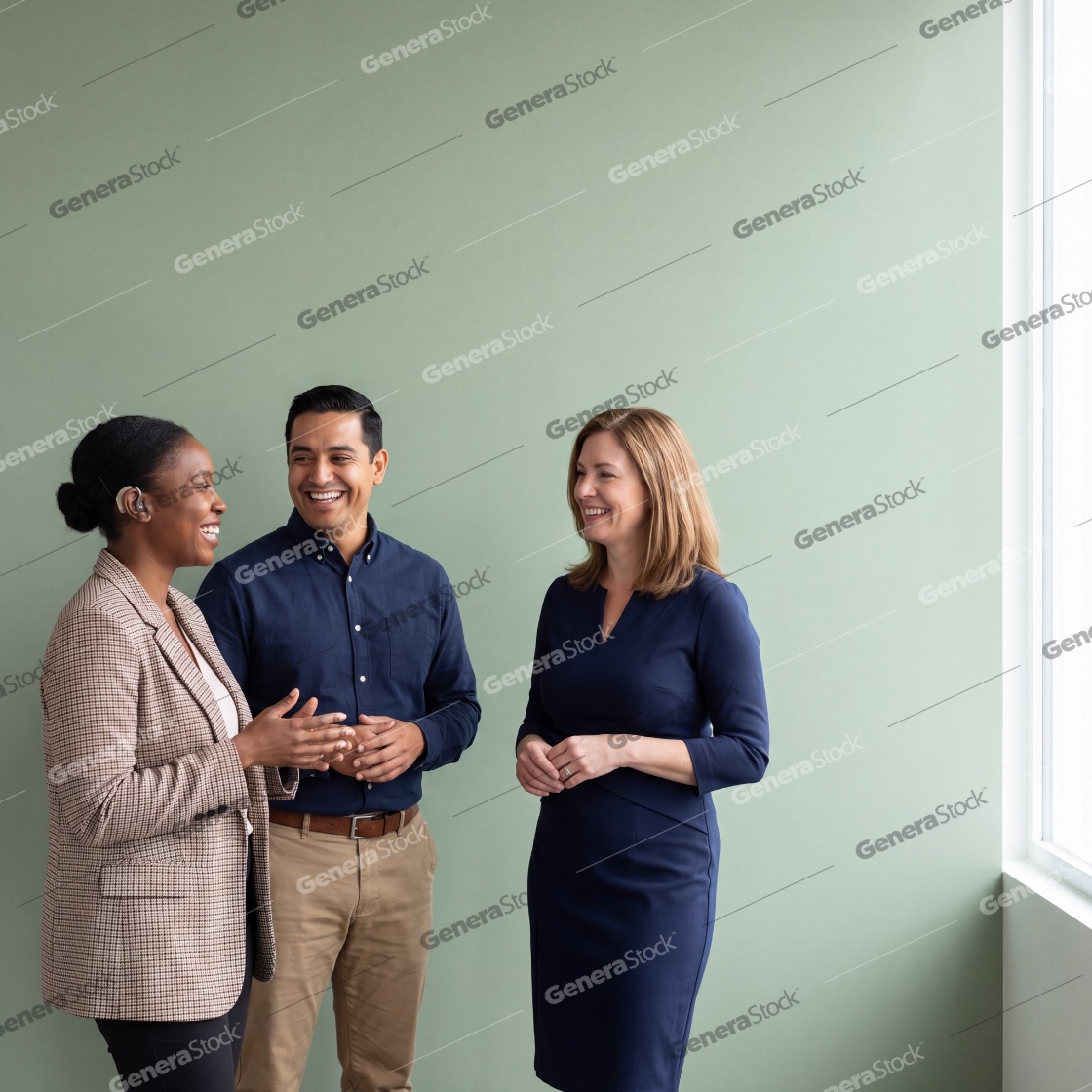 A diverse group of three business professionals, including a woman with a hearing aid, laughing and talking together in a bright office space with a green wall and natural window light