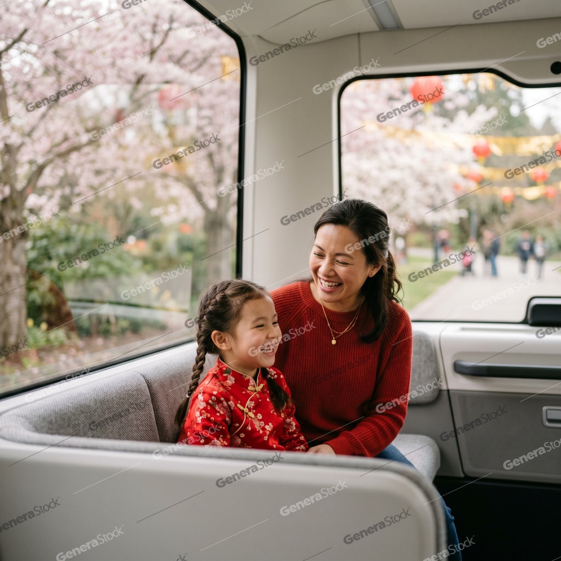 Happy Asian mother and daughter in traditional dress riding in a modern shuttle with cherry blossoms in the background