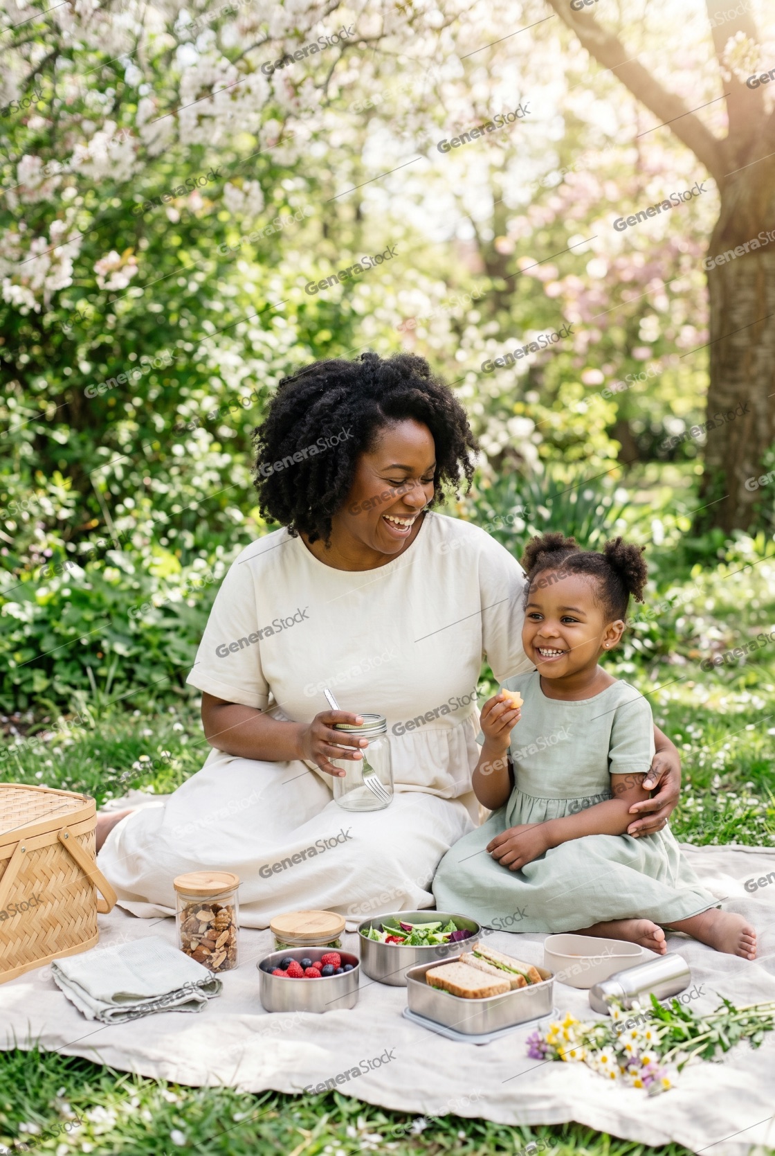 Happy African American mother and daughter enjoying a healthy picnic in a sunny park with blooming trees