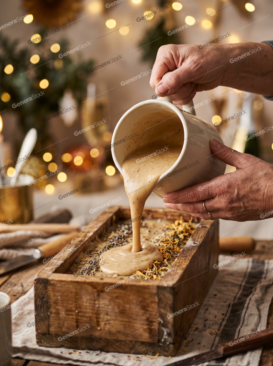 Artisanal Soap Making Process: Pouring Liquid Mixture into Wooden Mold with Dried Flowers