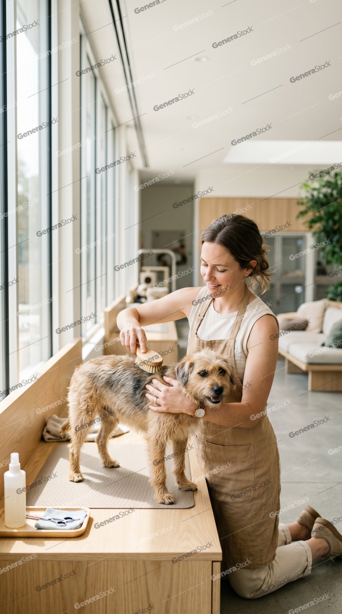 Professional Female Groomer Brushing a Small Scruffy Dog in a Bright Modern Pet Salon