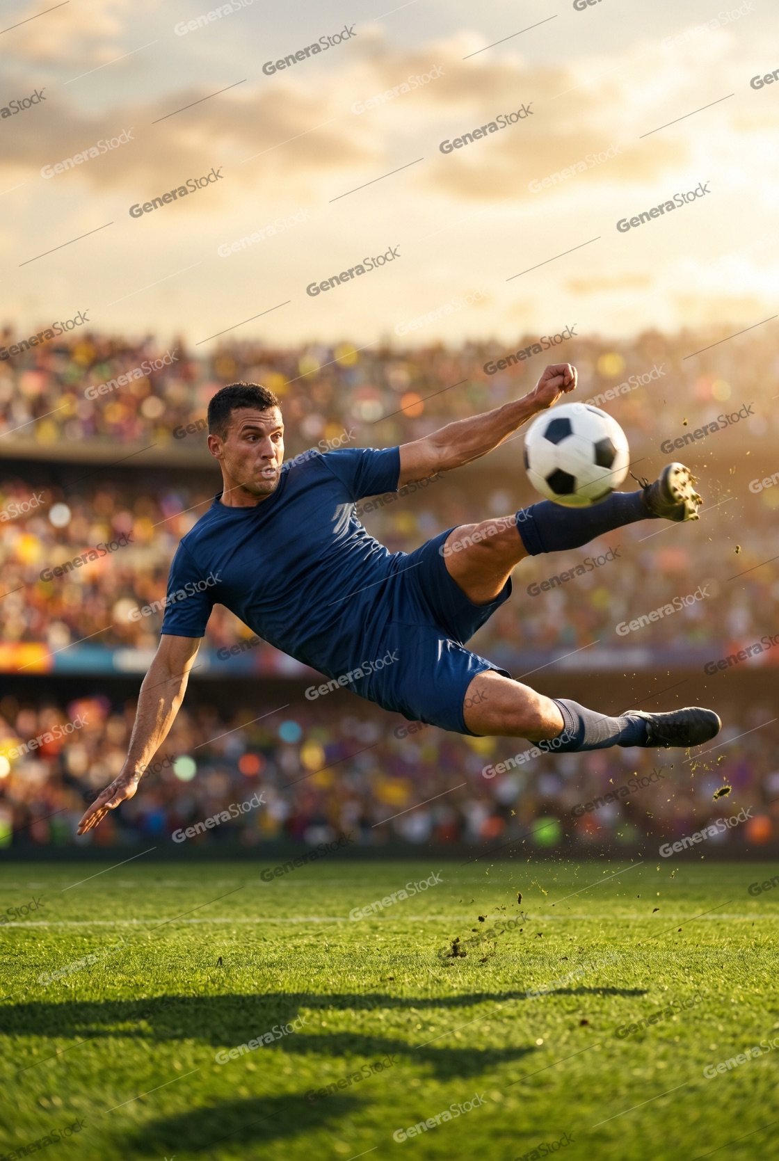 Professional Soccer Player Performing a Spectacular Bicycle Kick in a Crowded Stadium at Sunset