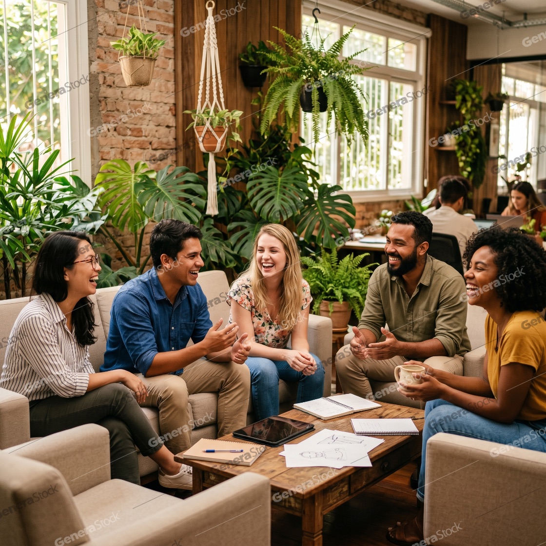 Diverse Group of Creative Professionals Laughing and Collaborating in a Modern Biophilic Office Space Filled with Lush Green Plants
