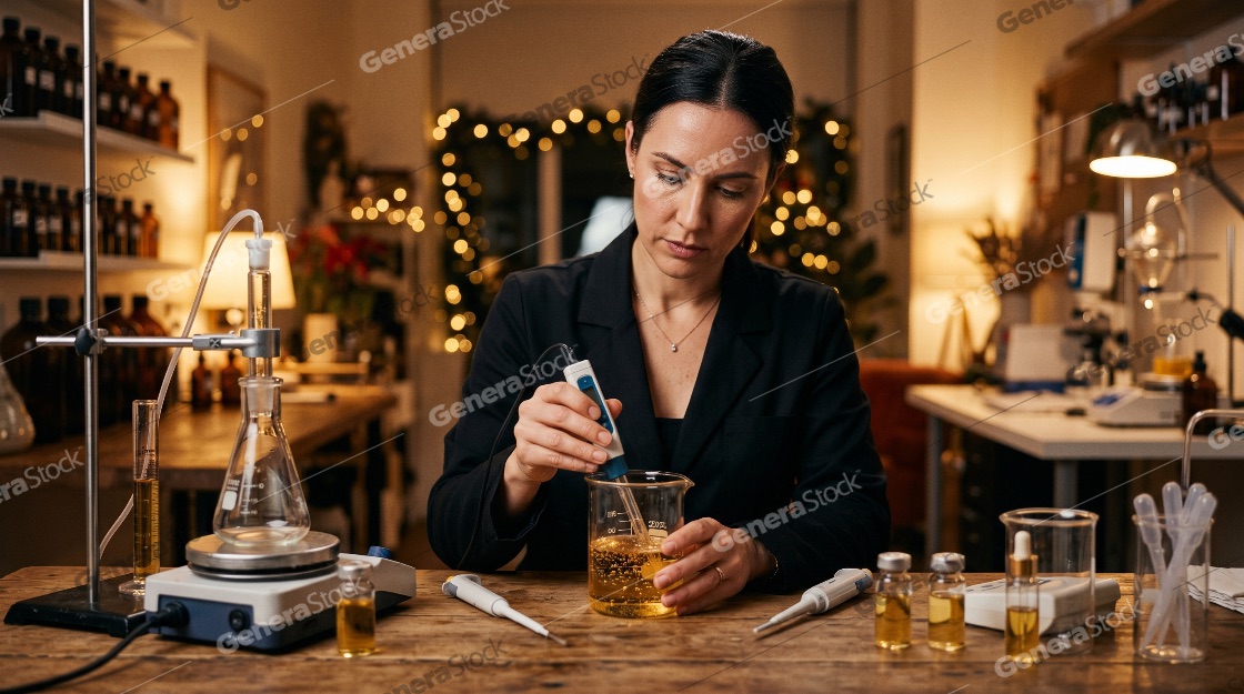 Female scientist or artisanal perfumer measuring liquid in a beaker with a digital probe in a warm laboratory environment