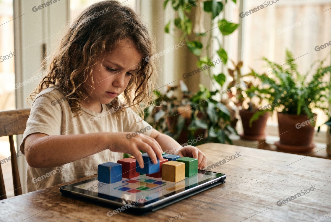 Young child playing with colorful wooden blocks on a digital tablet for interactive learning at home