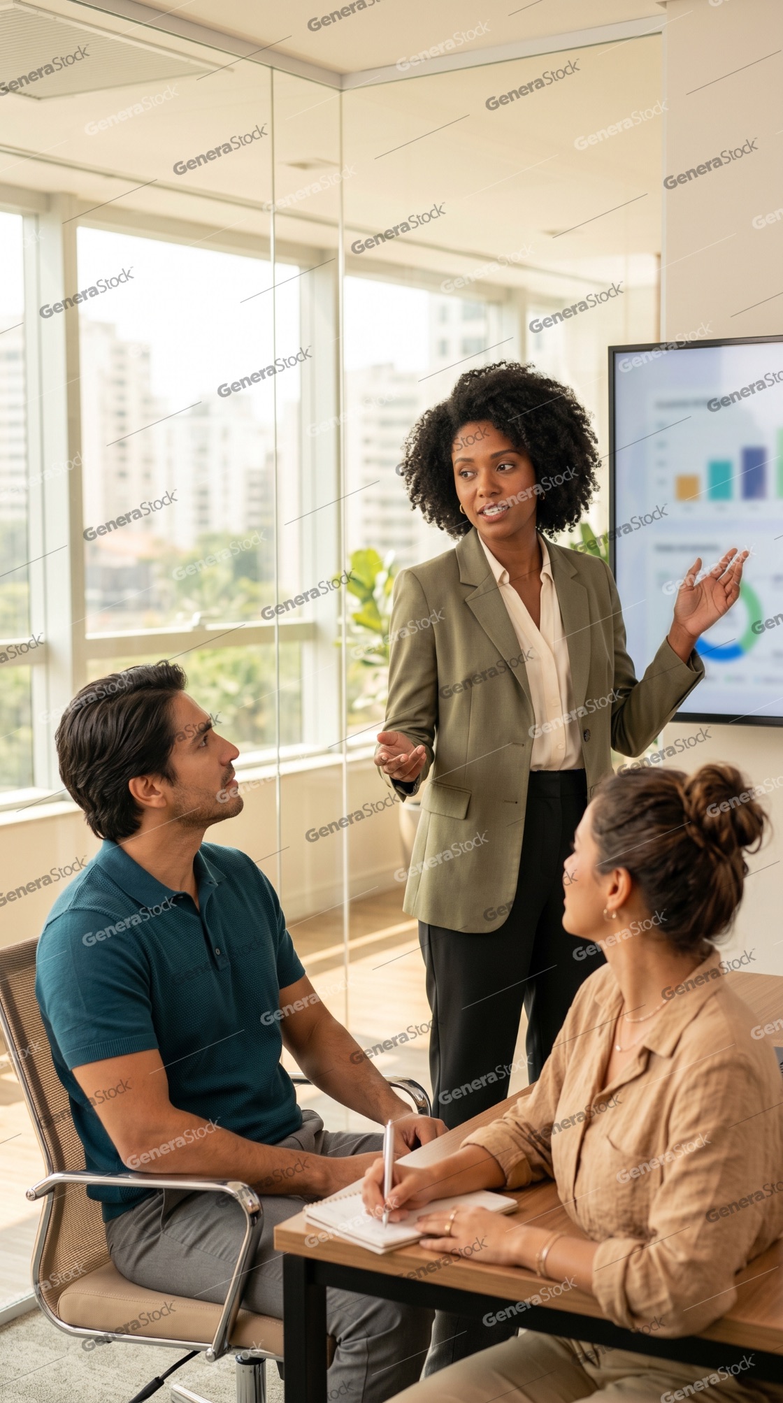 Professional African American Businesswoman Presenting Data to Diverse Team in Modern Office