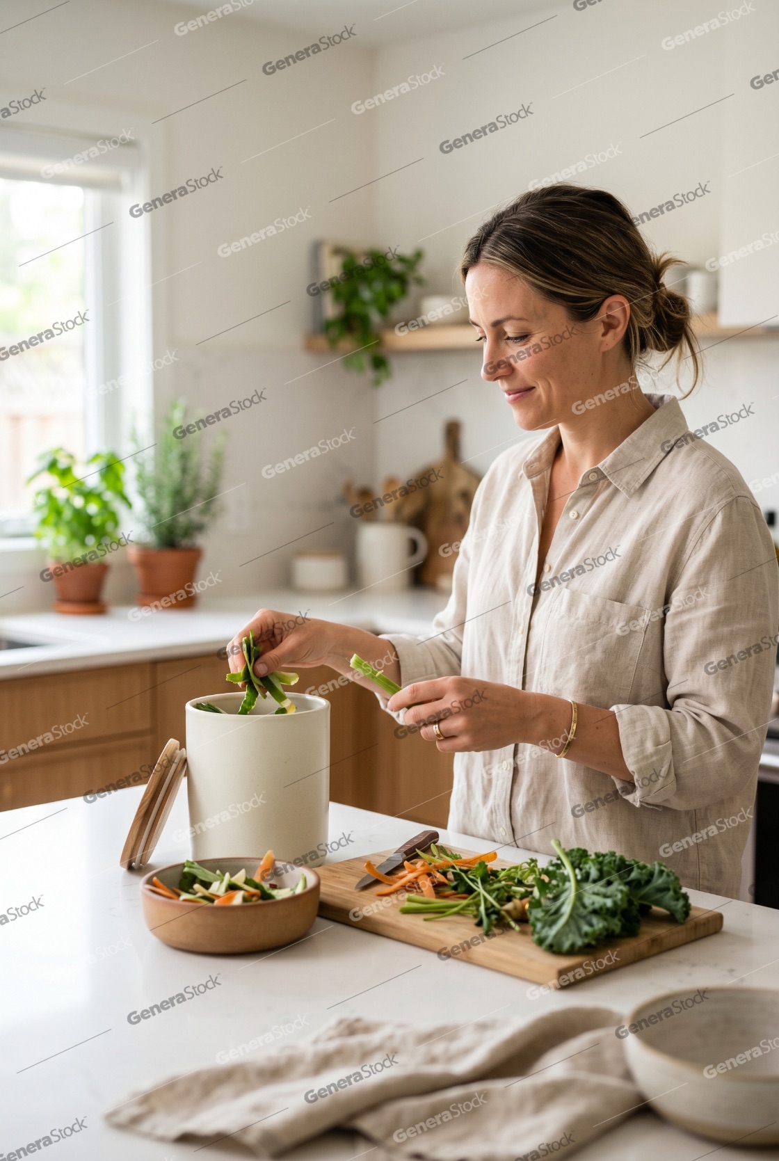 Woman Putting Vegetable Scraps into a Compost Bin in a Modern Kitchen
