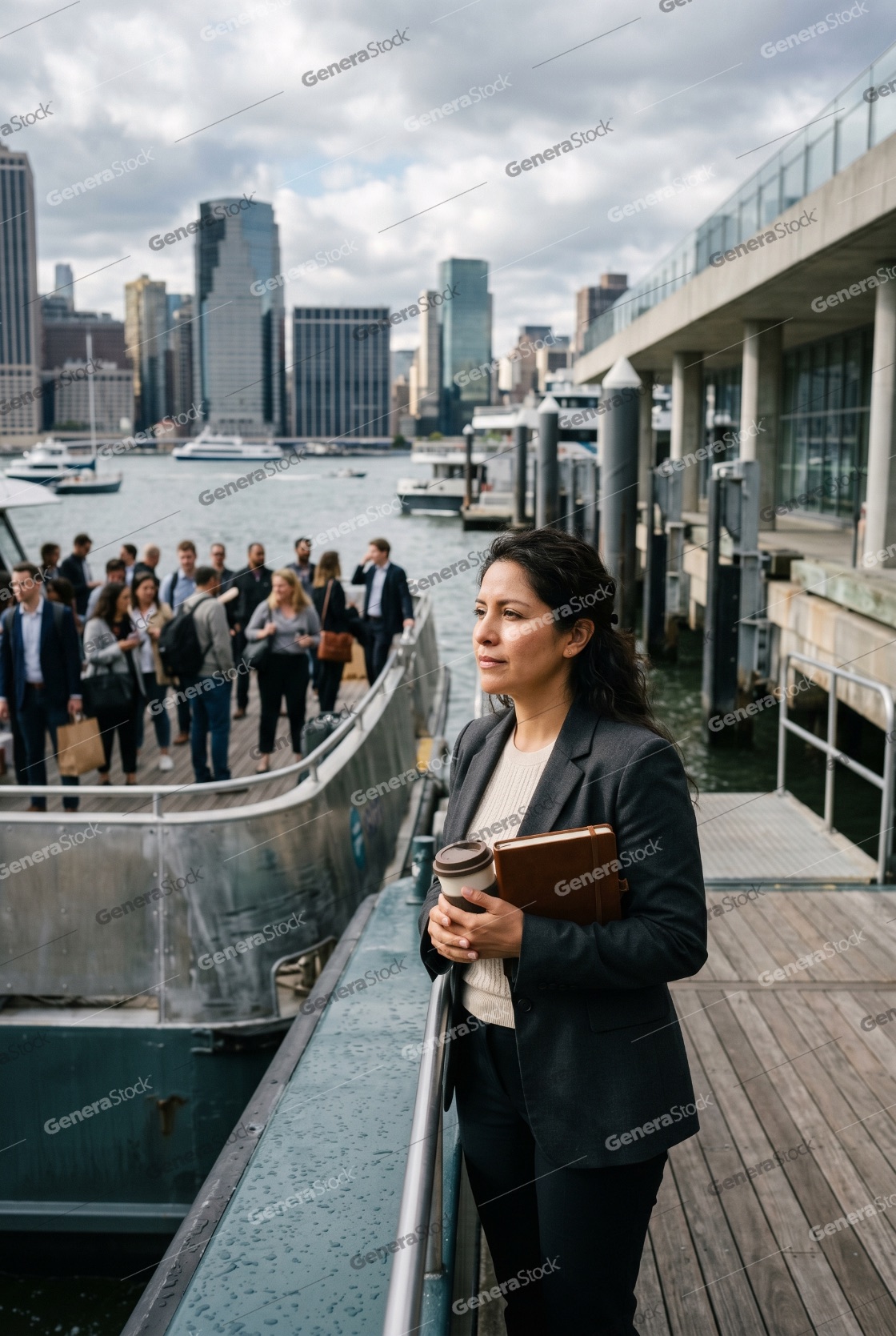 Confident Hispanic Businesswoman Commuting by Ferry with New York City Skyline Background