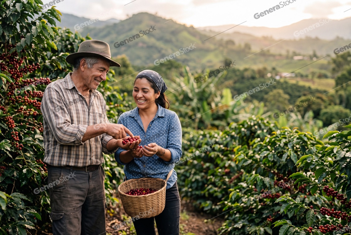 Happy Senior Farmer and Young Woman Harvesting Ripe Red Coffee Cherries on a Hillside Plantation at Sunset