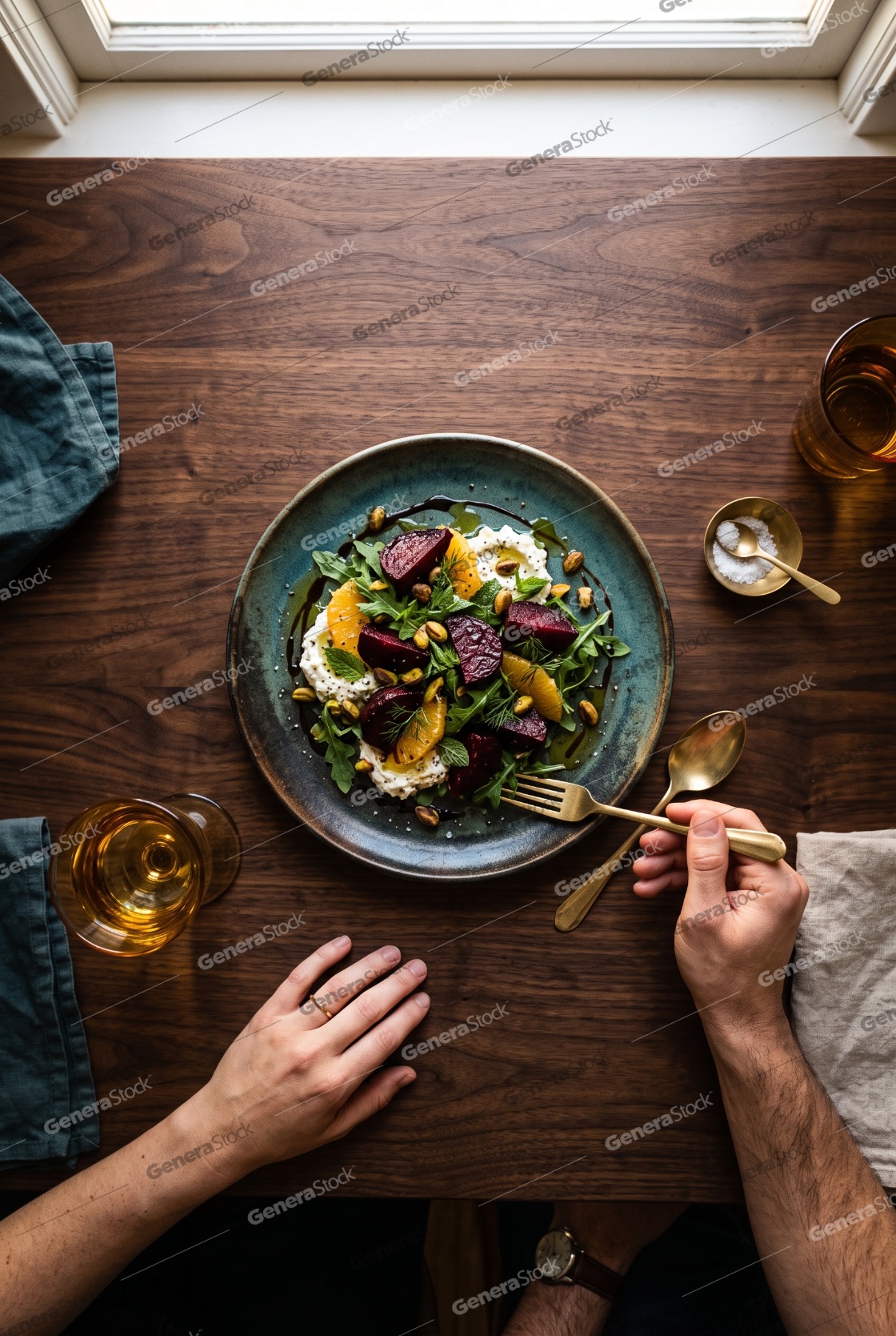 Top view of a couple eating a gourmet roasted beet and citrus sa