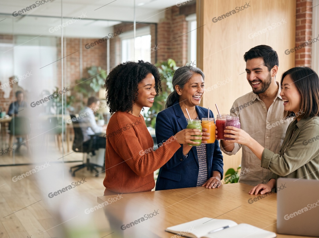 Diverse group of happy colleagues toasting with healthy smoothies in a modern office