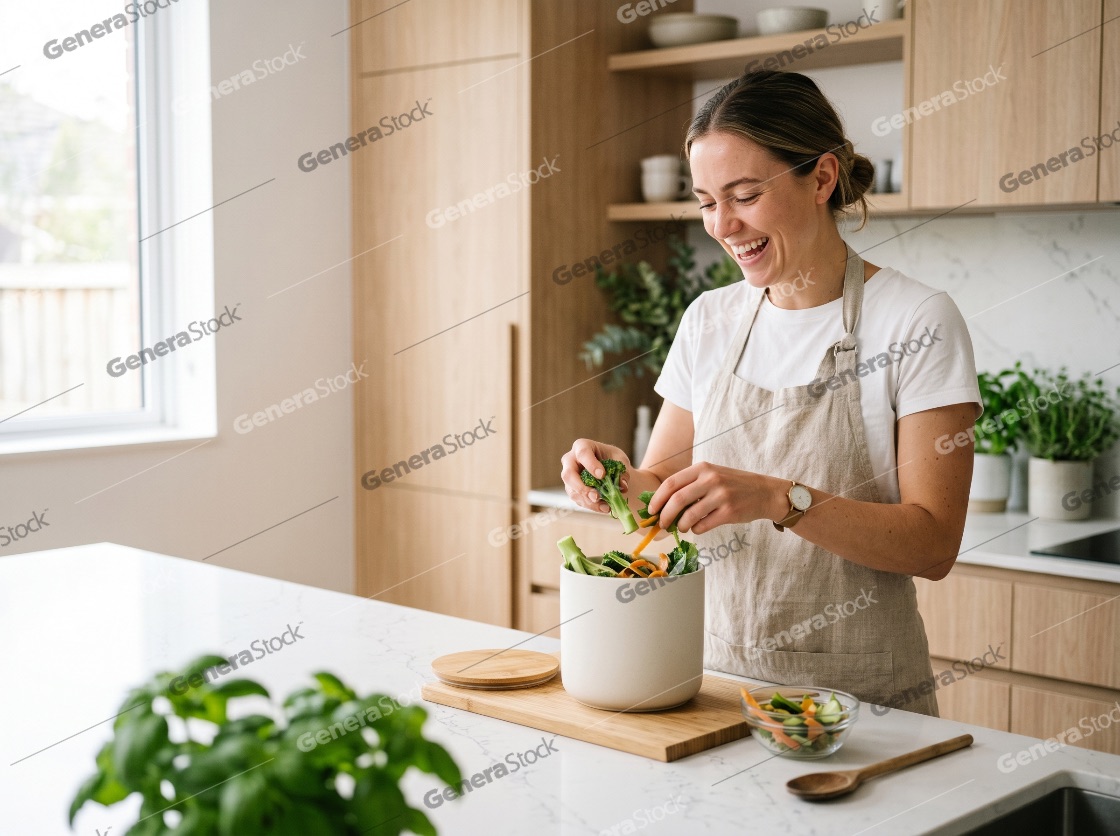 Happy young woman putting fresh vegetable scraps into a compost bin in a modern kitchen