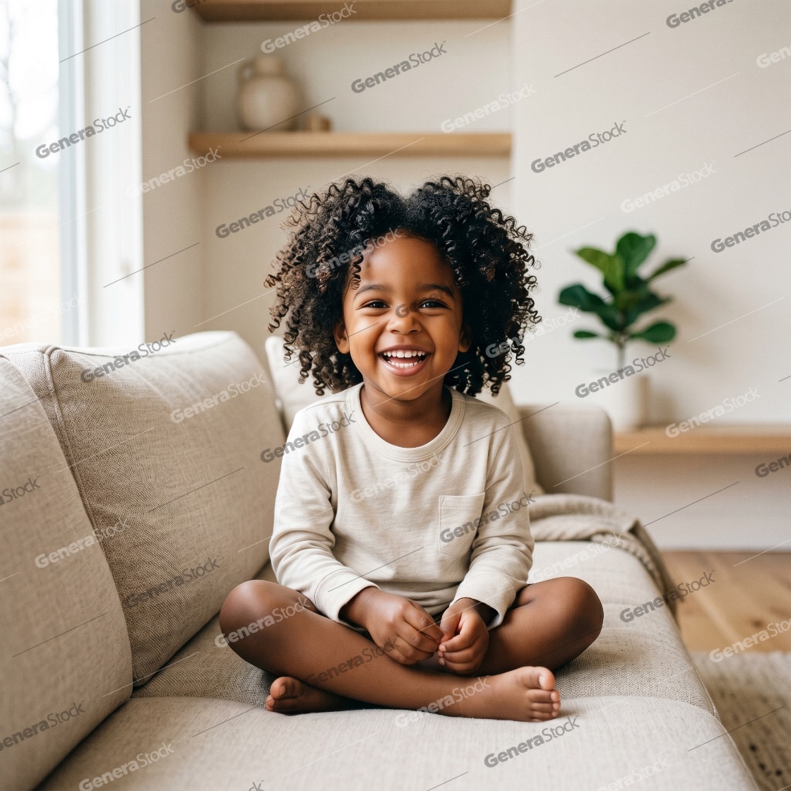 Portrait of a joyful young African American girl with curly hair sitting cross-legged on a sofa in a modern home