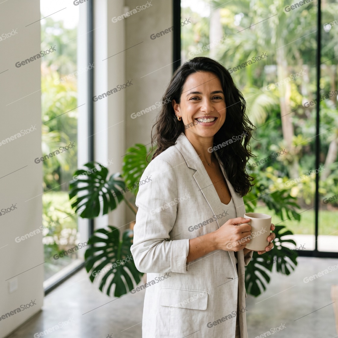 Confident smiling businesswoman in a light linen blazer holding a coffee mug in a modern bright office with tropical plants