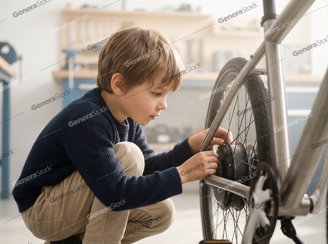 Focused young boy crouching down to fix the rear wheel of an electric bicycle in a home garage workshop