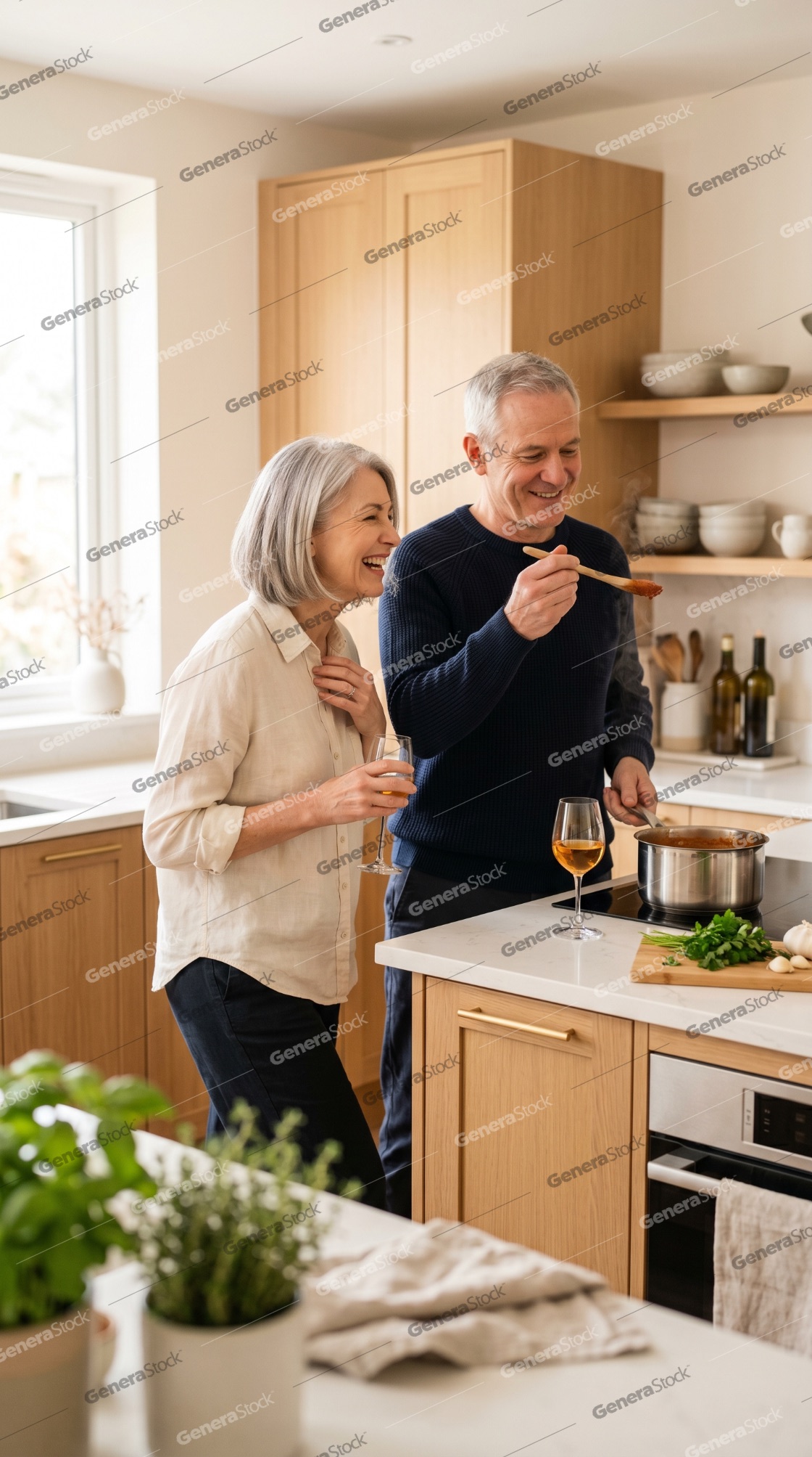 Happy senior couple cooking together and drinking wine in a bright modern kitchen