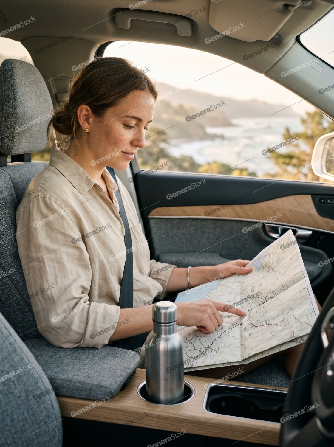Young woman sitting in a car passenger seat looking at a paper map during a coastal road trip