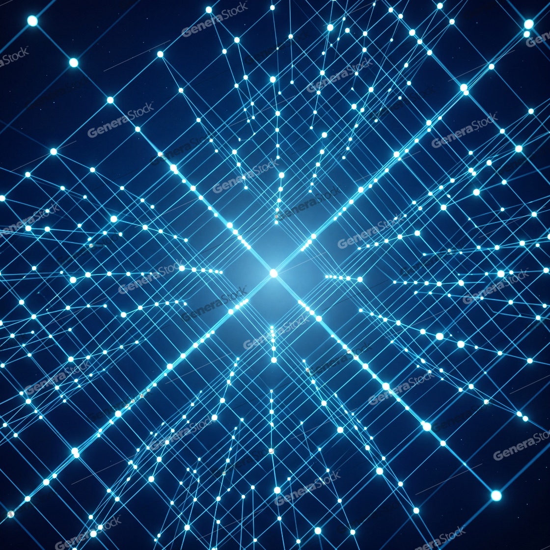 Futuristic blue digital network grid with glowing nodes and lines, representing big data, global connectivity, and artificial intelligence in cyberspace