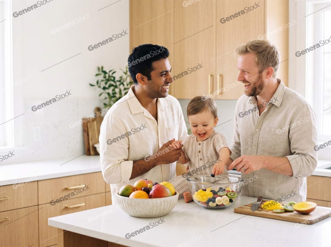 Happy Diverse Gay Couple with Toddler Son Preparing Healthy Fruit Salad in Modern Kitchen
