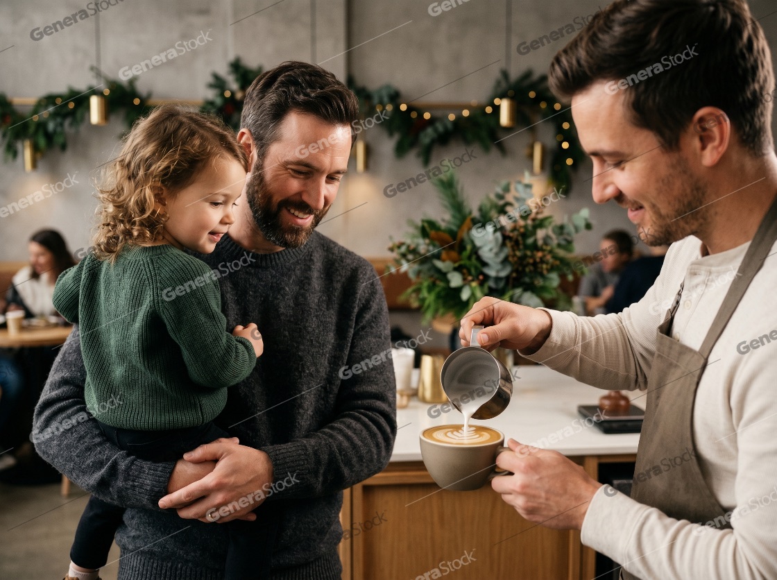 Professional Barista Making Latte Art for a Smiling Father and Young Daughter in a Festive Decorated Cafe