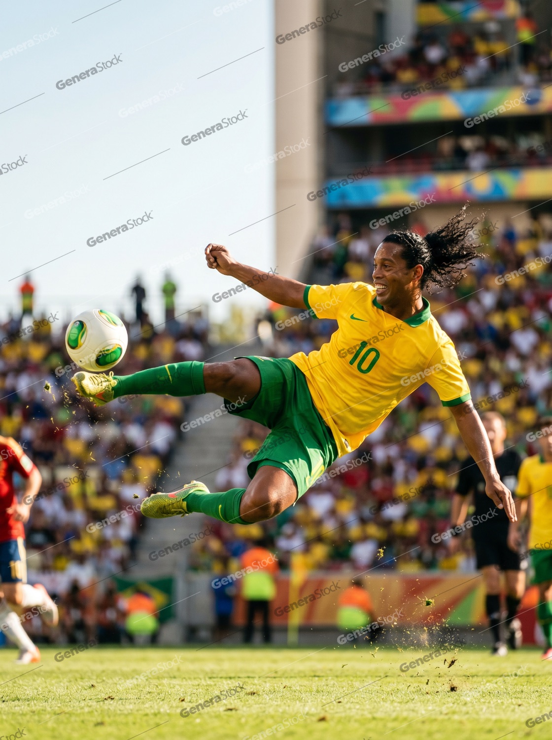 Professional soccer player in yellow and green uniform performing a dynamic acrobatic kick during a football match in a crowded stadium