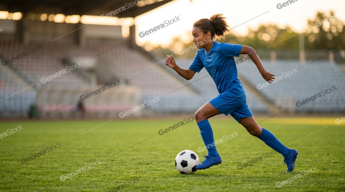 Young African American girl in blue uniform dribbling a soccer ball on a stadium field during sunset