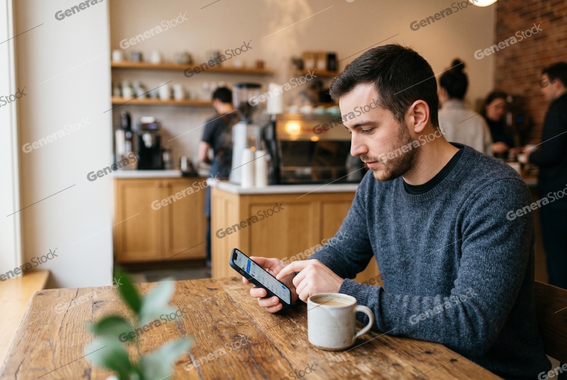 Young Caucasian Man Using Smartphone While Sitting at a Wooden Table in a Modern Coffee Shop