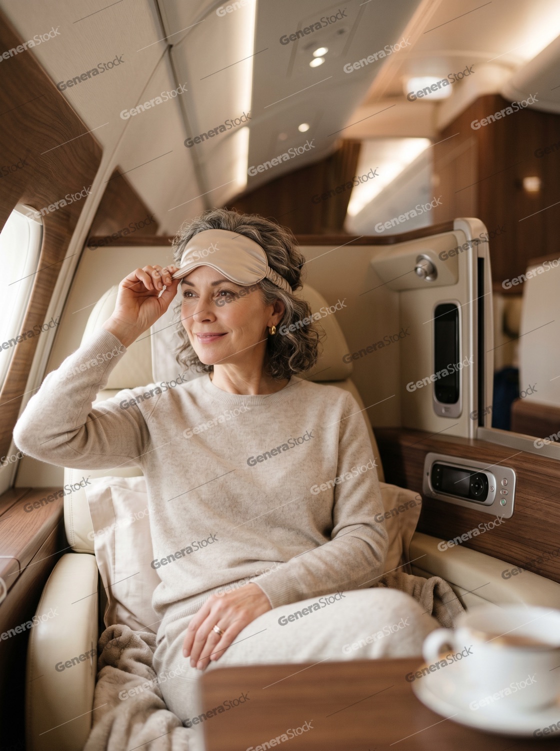 Elegant mature woman relaxing in a luxury first class airplane cabin with a sleep mask