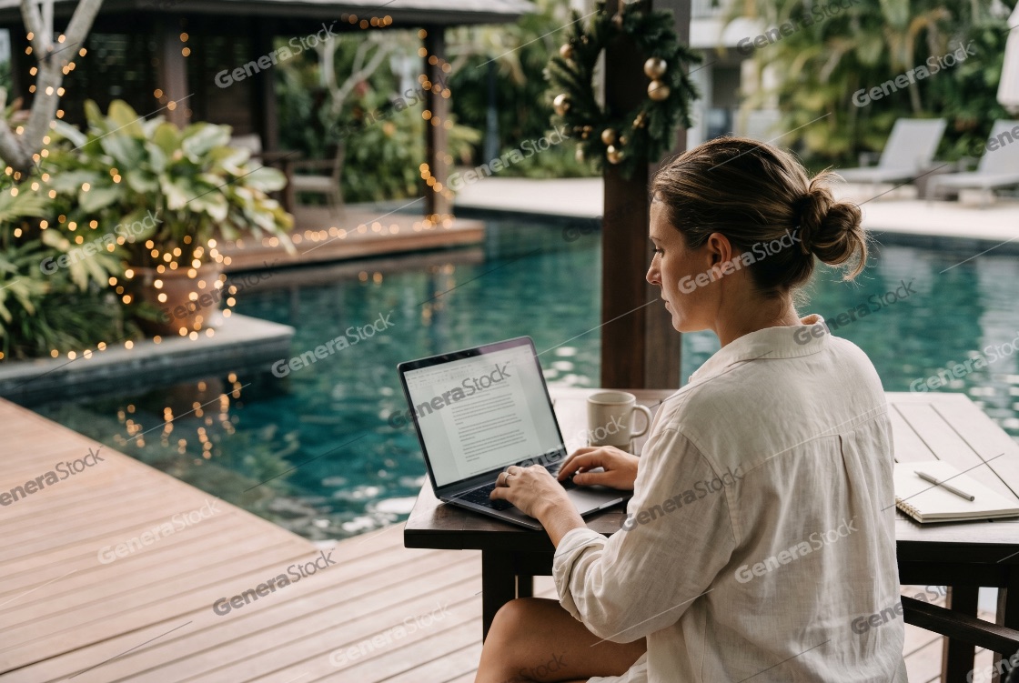 Young woman working on laptop by a swimming pool at a tropical resort during Christmas holidays