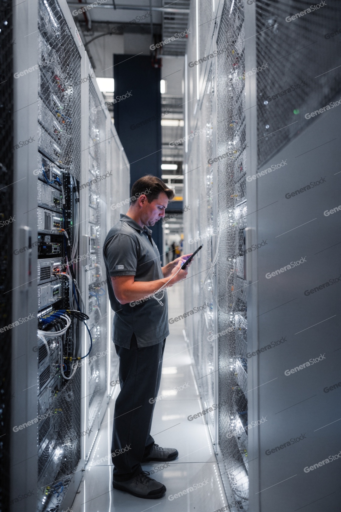 Professional IT technician using a digital tablet to monitor ser