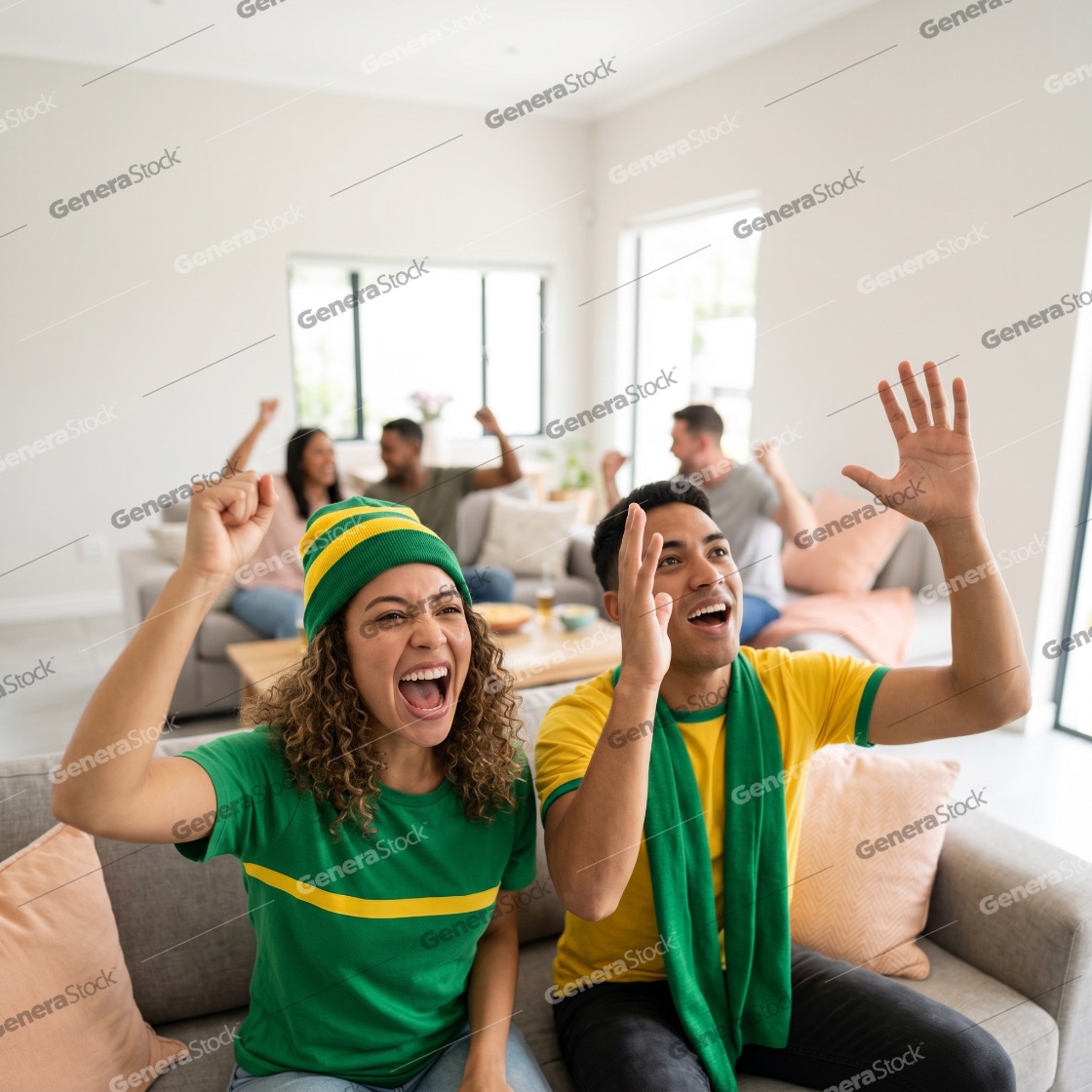 Diverse group of young friends in green and yellow jerseys cheering and celebrating while watching a sports game on television in a bright living room