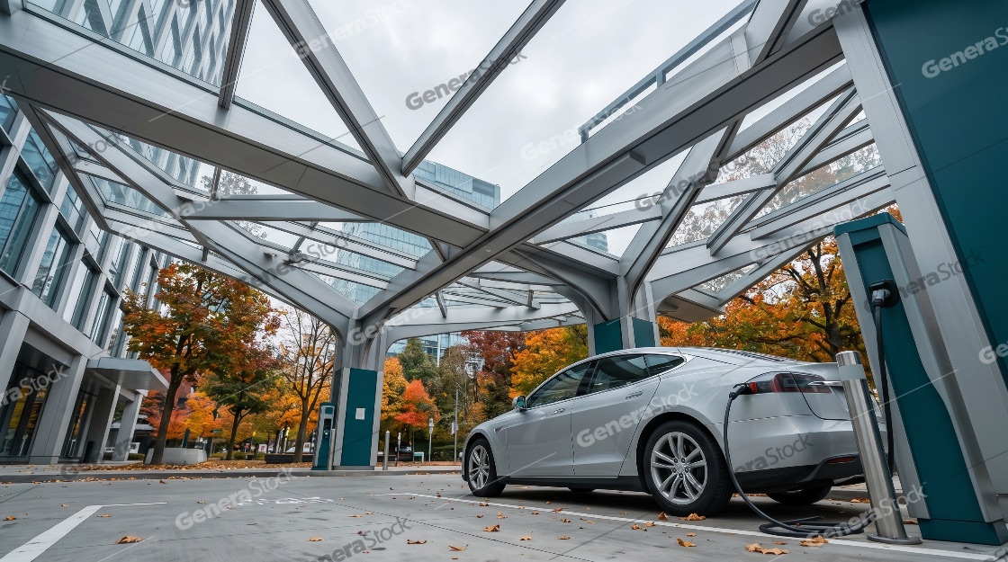 Modern Silver Electric Car Charging at a Public Station Under a Glass Canopy in Autumn Urban Setting