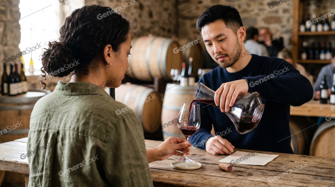 Young diverse couple enjoying a wine tasting experience in a rustic cellar, man pouring red wine from a decanter