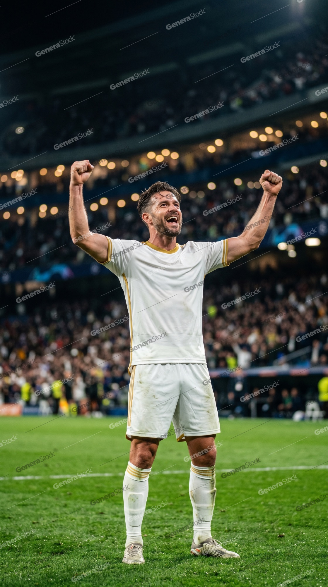 Professional Soccer Player Celebrating Victory with Raised Arms in a Crowded Stadium at Night