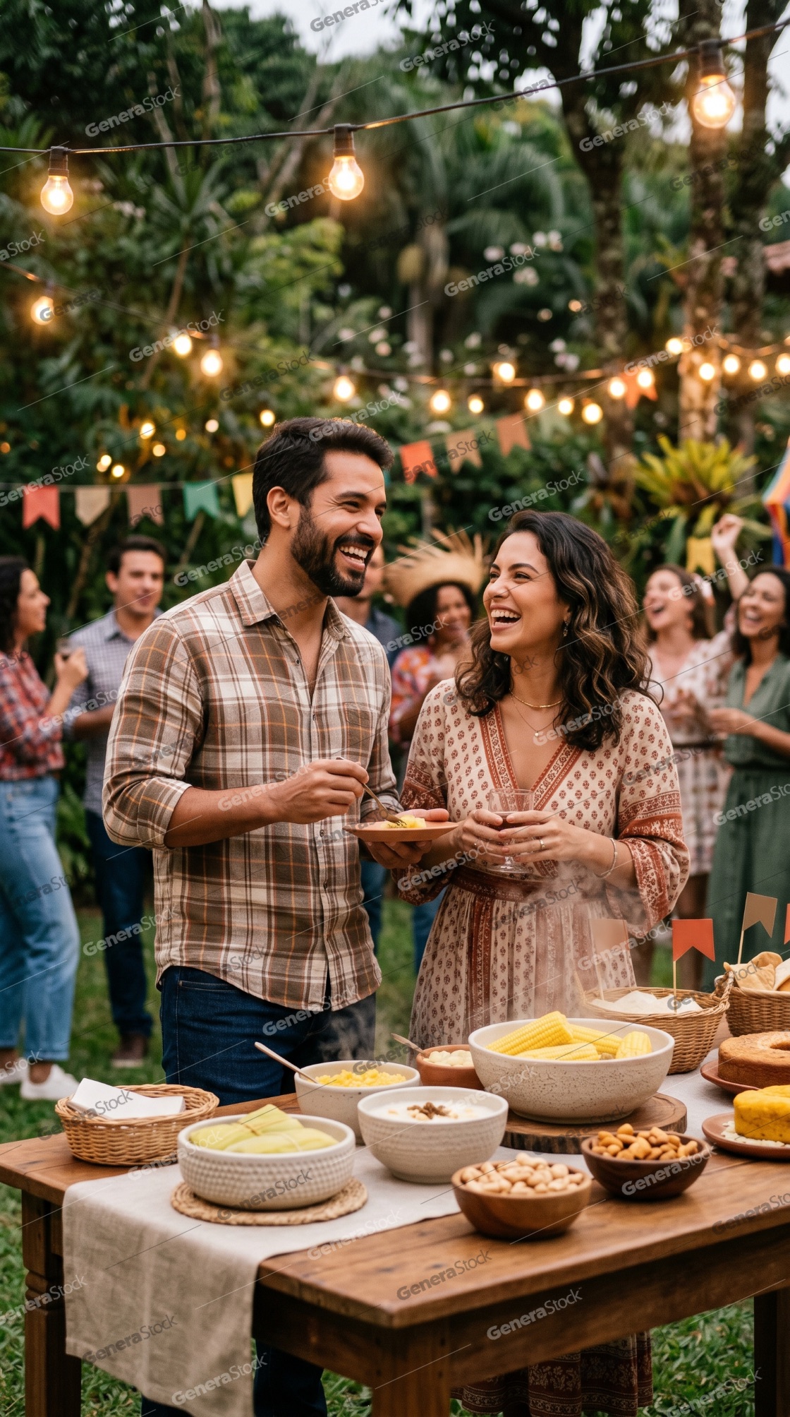 Happy Couple Celebrating Festa Junina at an Outdoor Party with Traditional Brazilian Food
