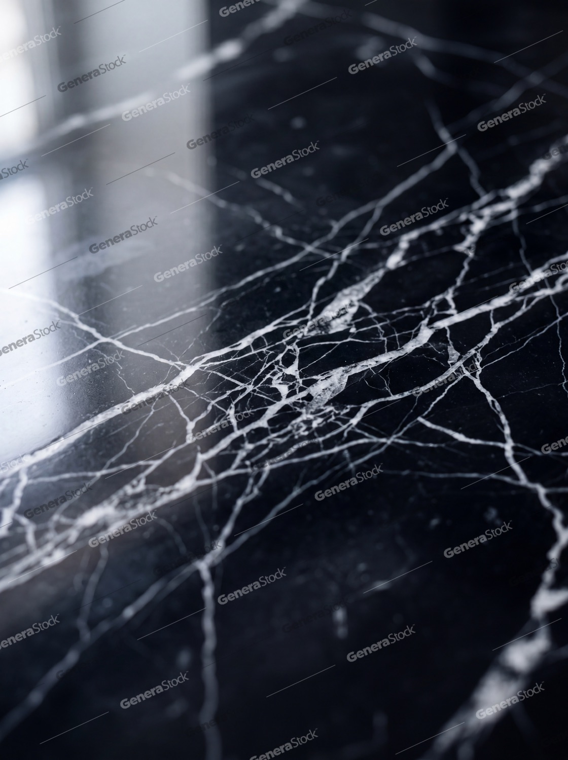 Elegant black marble surface with intricate white veins and a polished finish, showing a shallow depth of field