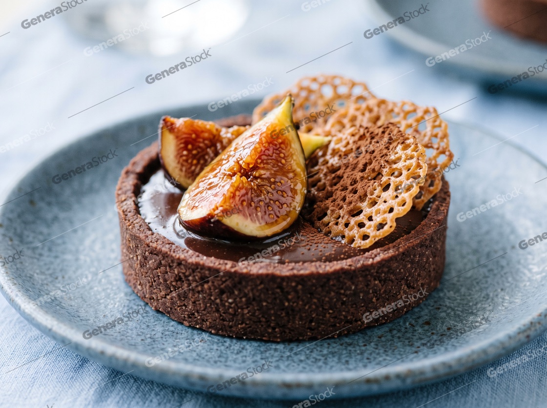 Gourmet chocolate ganache tartlet garnished with fresh juicy fig