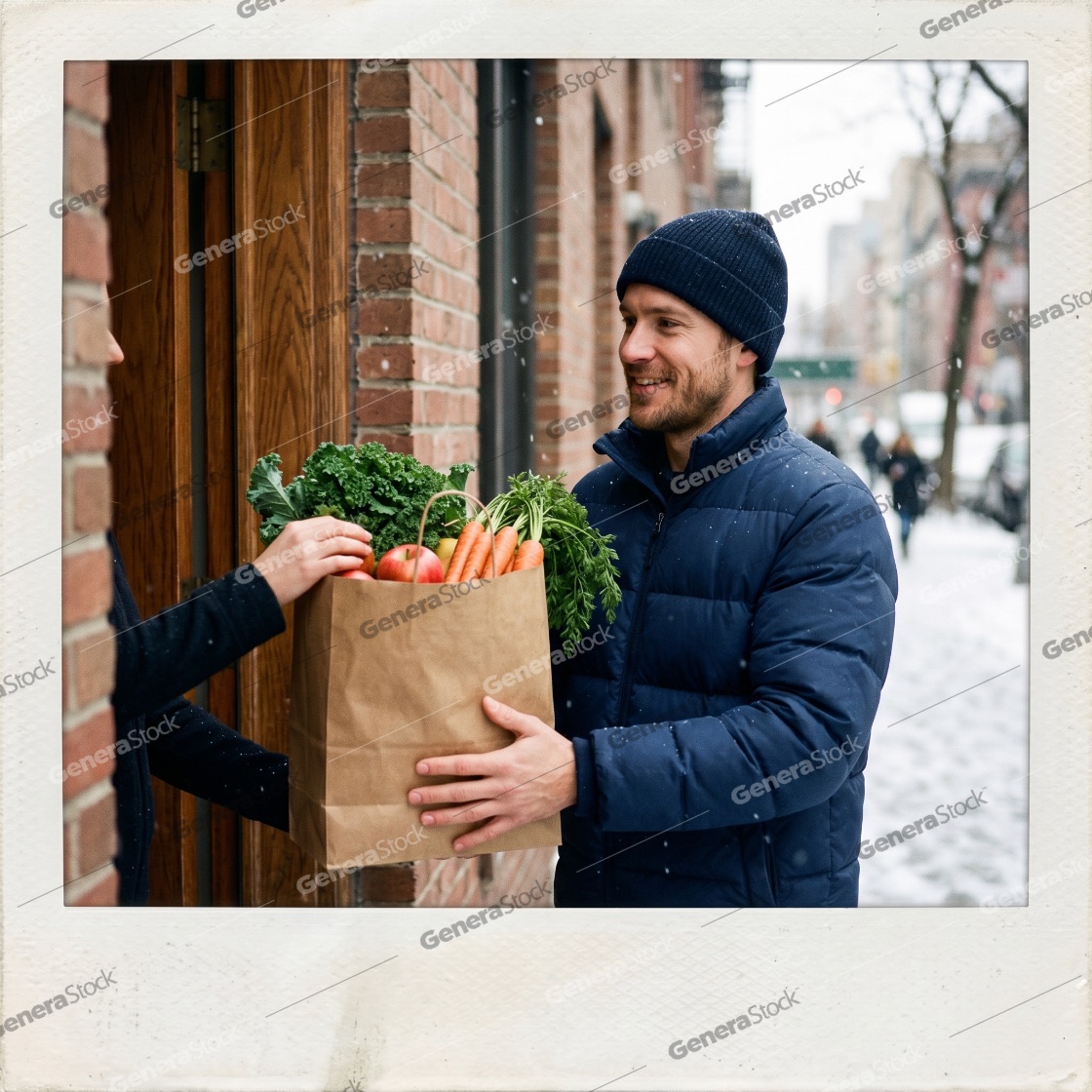 Friendly delivery man handing a bag of fresh groceries to a customer at the door on a snowy winter day
