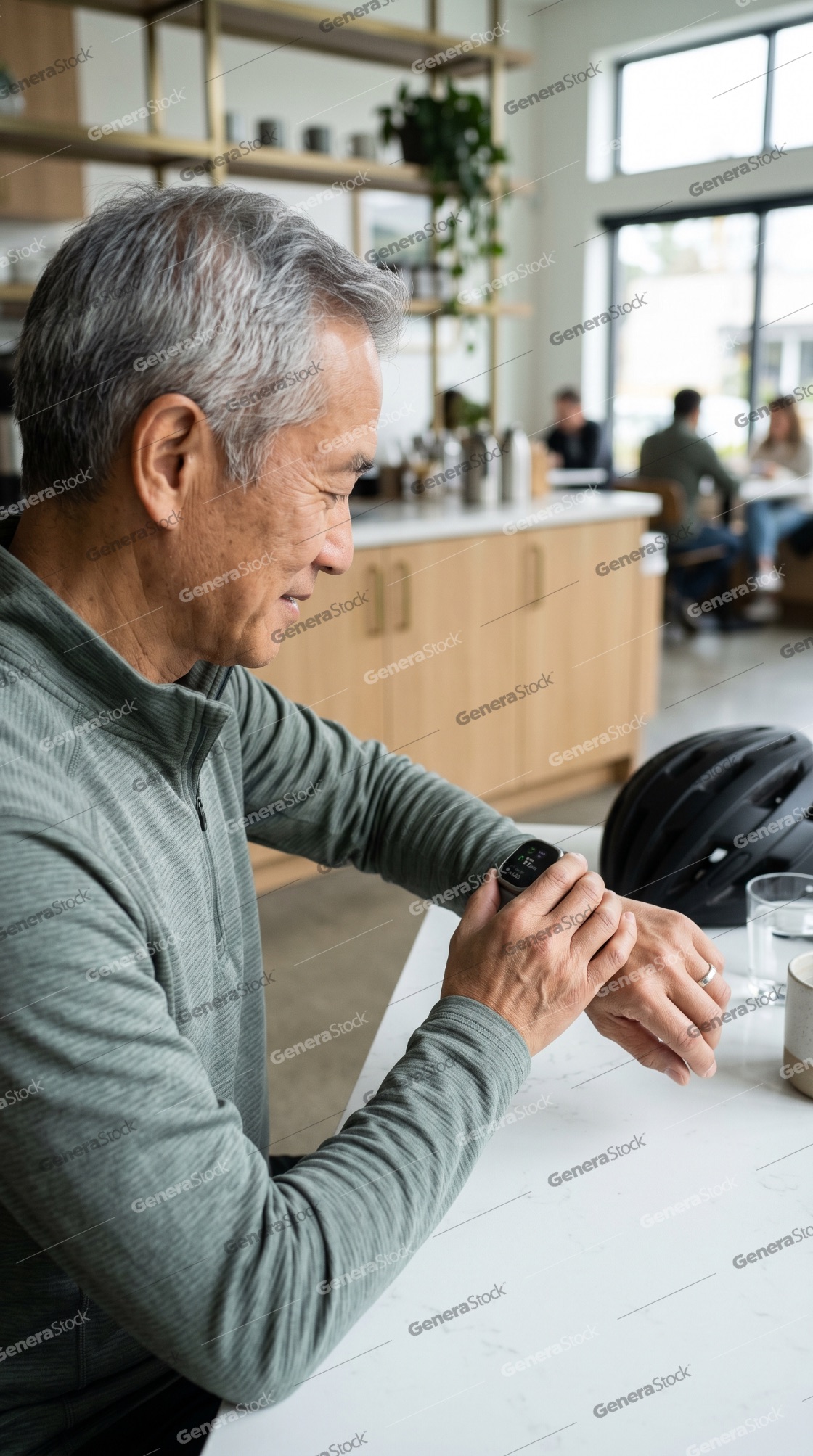 Active Senior Asian Man Checking Smartwatch in Modern Cafe After Cycling
