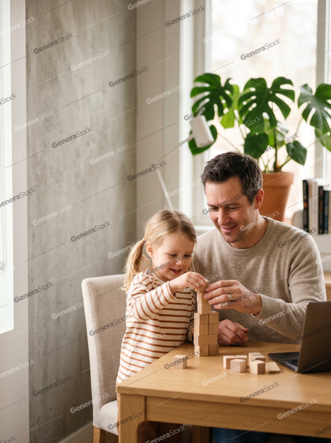 Happy father and young daughter building a tower with wooden blocks while sitting at a table in a bright home office