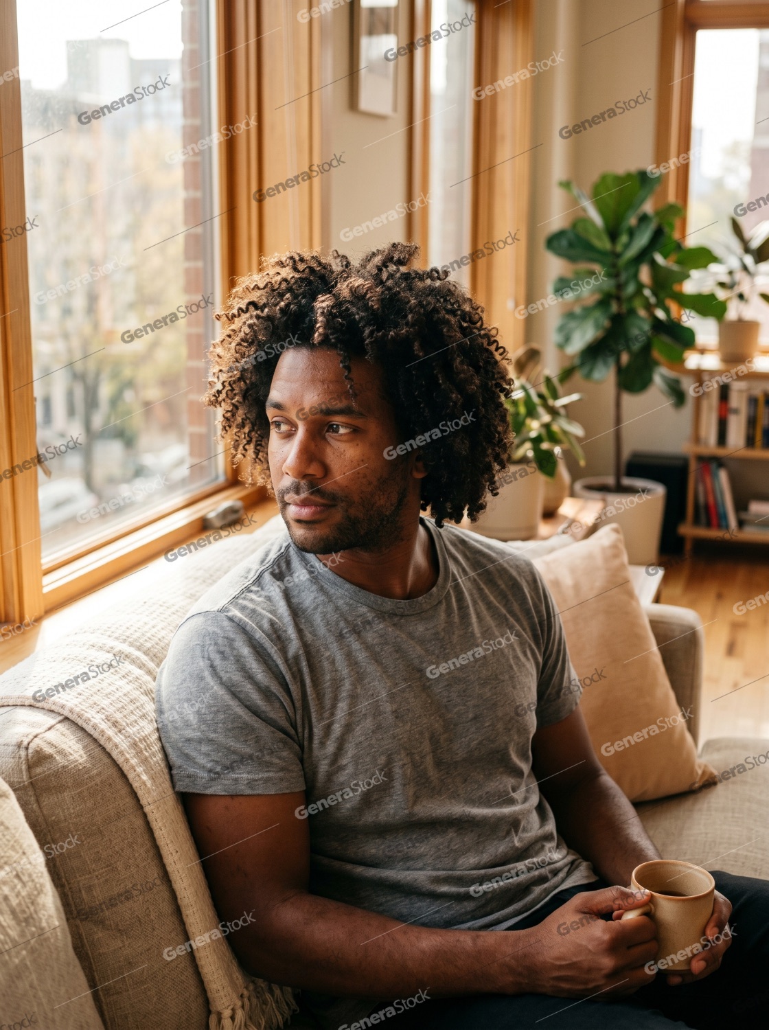 Thoughtful African American man with curly hair sitting on a sofa by a window, holding a mug of coffee in a bright modern apartment